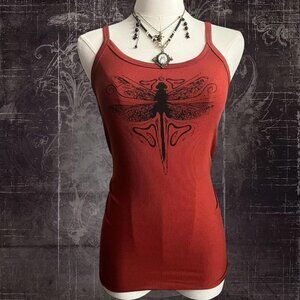 Red and Black Whimsy Fairy Grunge Graphic Dragonfly Ribbed Cami Tank